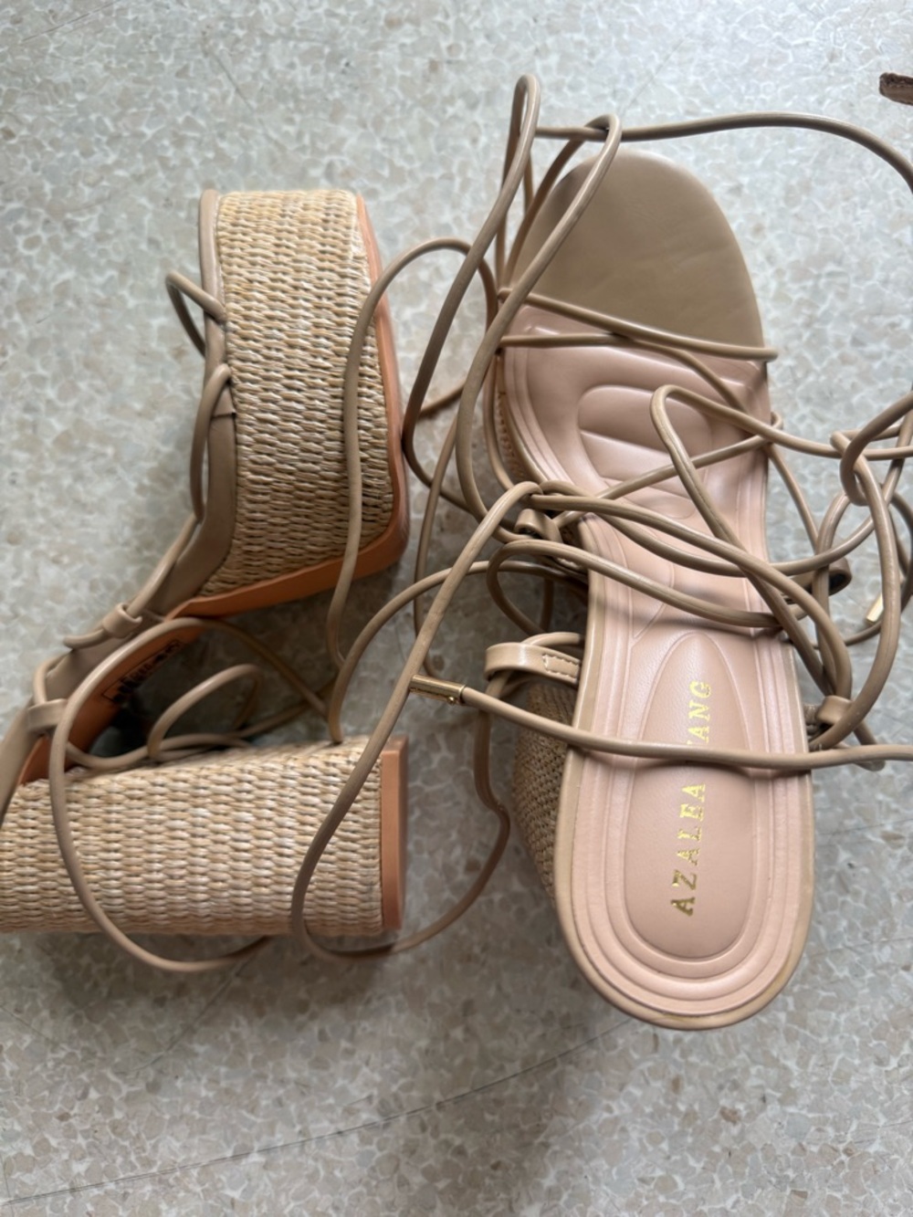AZALEA WANG Neutral Lace-Up Woven Platform Sandals